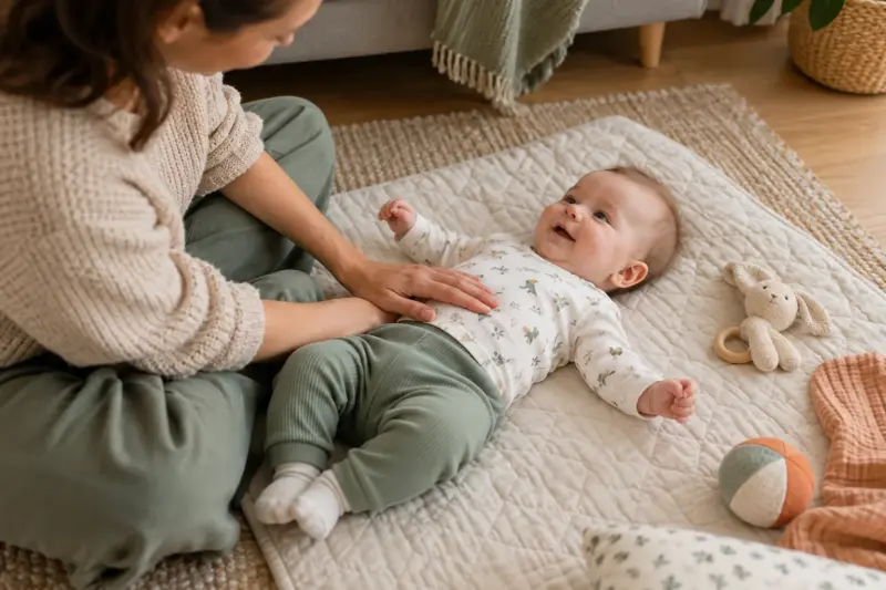 Ein Elternteil sitzt neben einem Baby auf einer Spielmatte