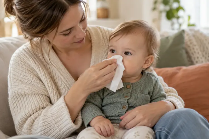 Ein Elternteil wischt einem aufrecht sitzenden Baby vorsichtig die Nase ab