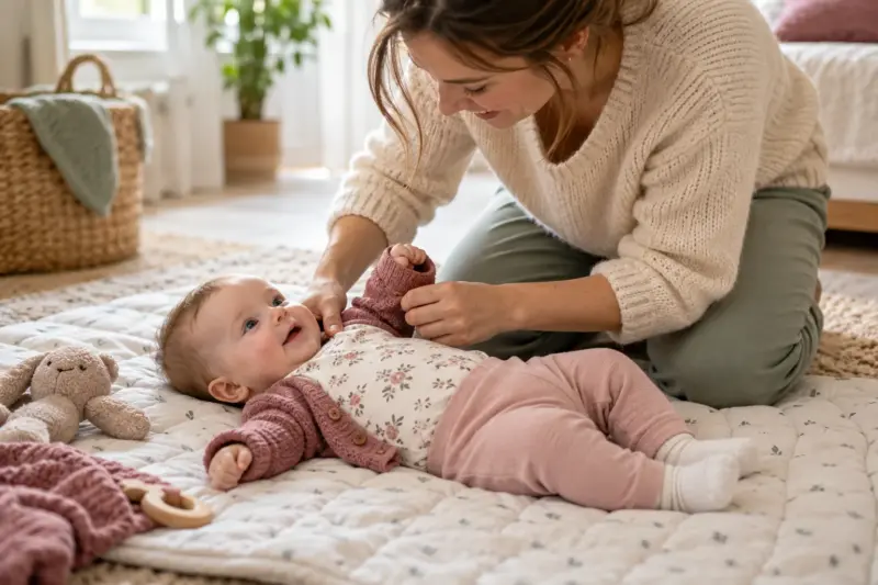 Ein Elternteil zieht einem Baby auf einer Bodenmatte ein Jäckchen an