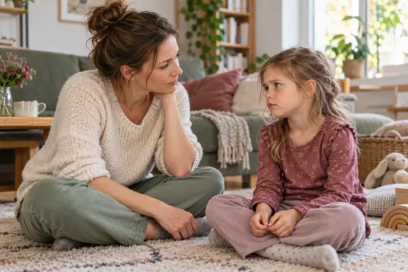 Eine Mutter hört ihrem Kind auf Augenhöhe zu