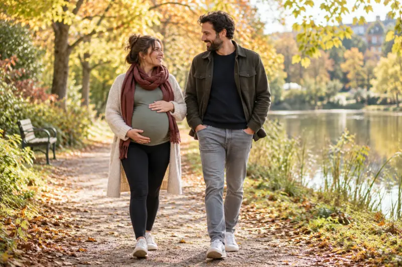 Eine Schwangere und ihr Partner gehen auf einem ebenen Parkweg spazieren