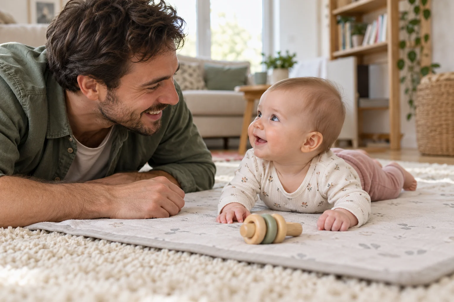 Baby spielt auf dem Bauch, ein Vater liegt daneben