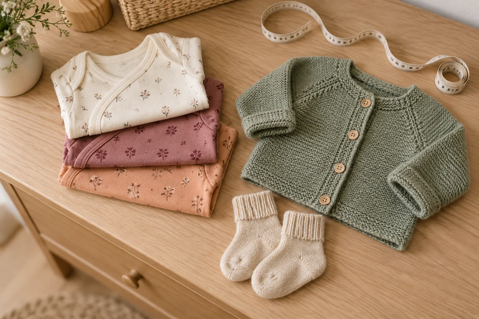 Gefaltete Babykleidung und ein Strickjäckchen