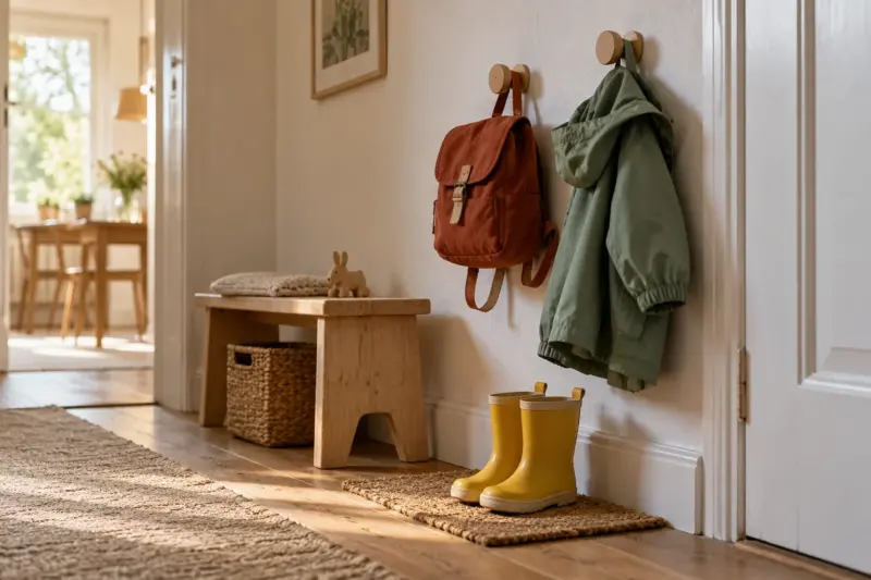 Kleiner Rucksack, Regenjacke und Gummistiefel im Flur