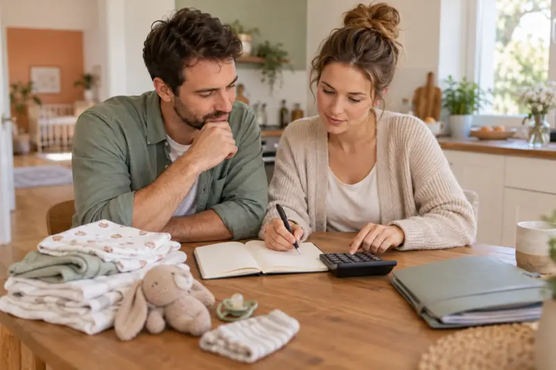 Zwei Erwachsene planen mit Notizbuch und Taschenrechner Babyausgaben