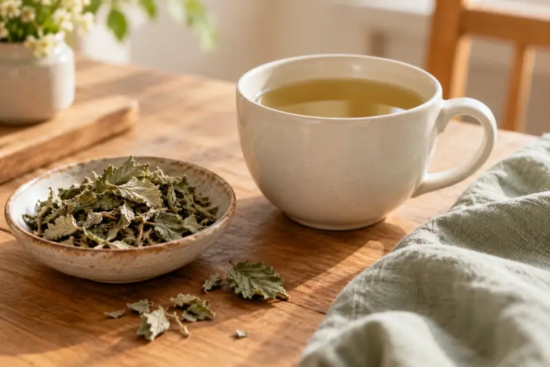 Eine Tasse Kräutertee steht neben getrockneten Himbeerblättern