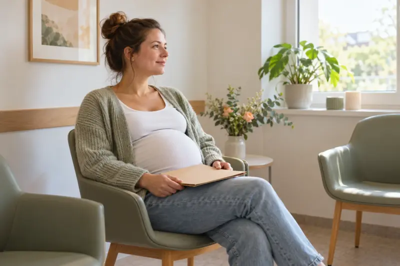 Eine Schwangere sitzt mit einer Mappe im Wartezimmer einer Praxis