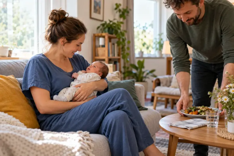Mutter hält ein Neugeborenes, ein zweiter Elternteil bringt Essen